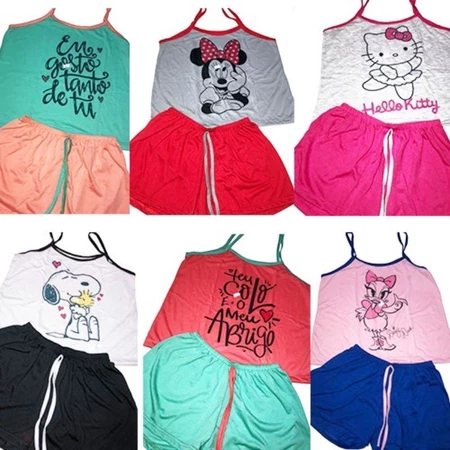 Kit 6 Pijamas Feminino Estilo Íntimo Sublimado Personagens Frases Curto Baby Doll Adulto